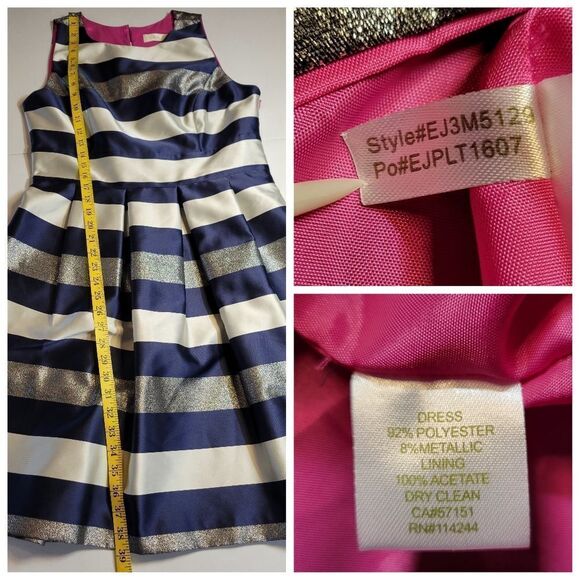 Eliza J Striped Crepe Fit & Flare Party Dress  Navy White Metallic Silver Pocket - Picture 13 of 13